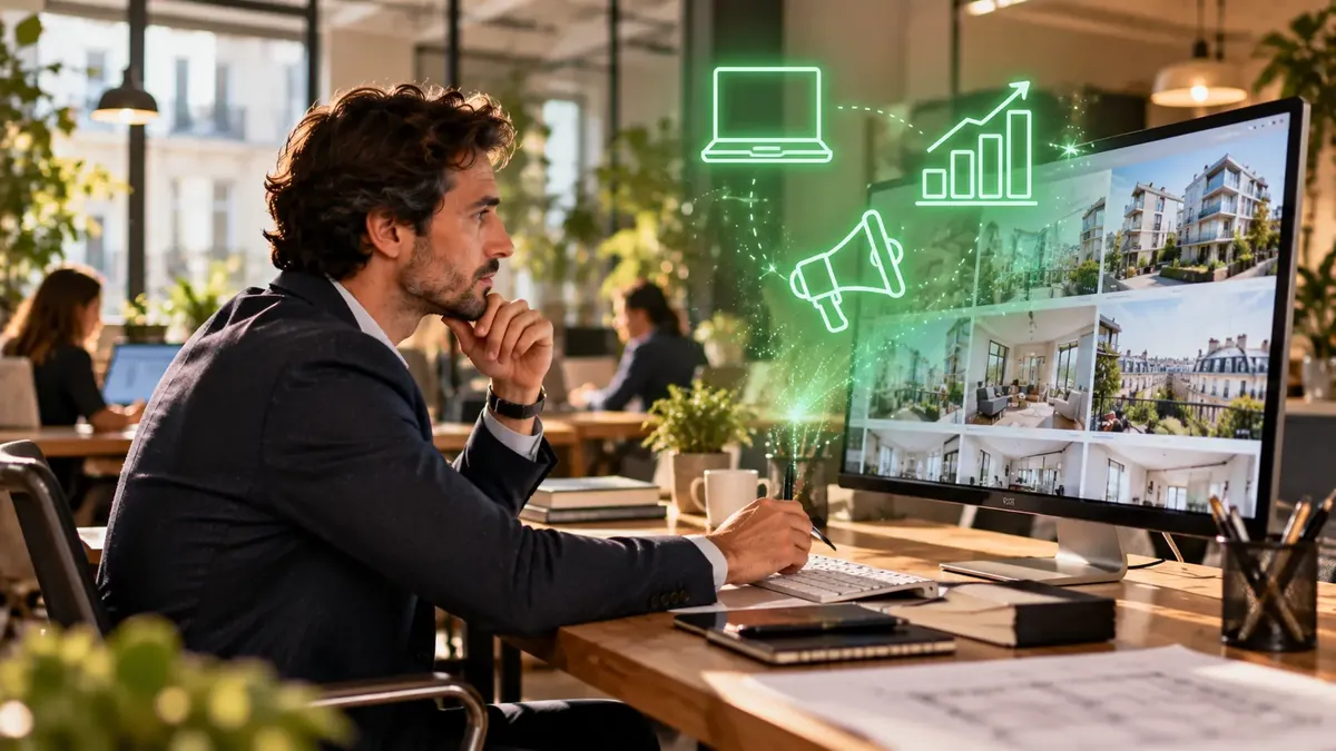 Professionnel de l'immobilier travaillant sur ses annonces à l'ordinateur