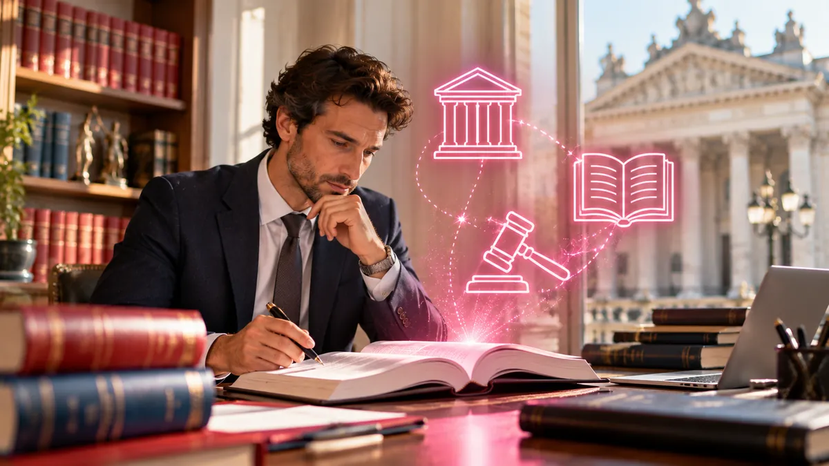 Professionnel étudiant un code juridique dans une bibliothèque