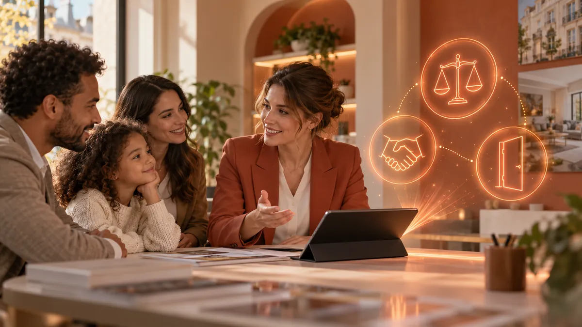Conseillère immobilière échangeant avec une famille autour d'une tablette