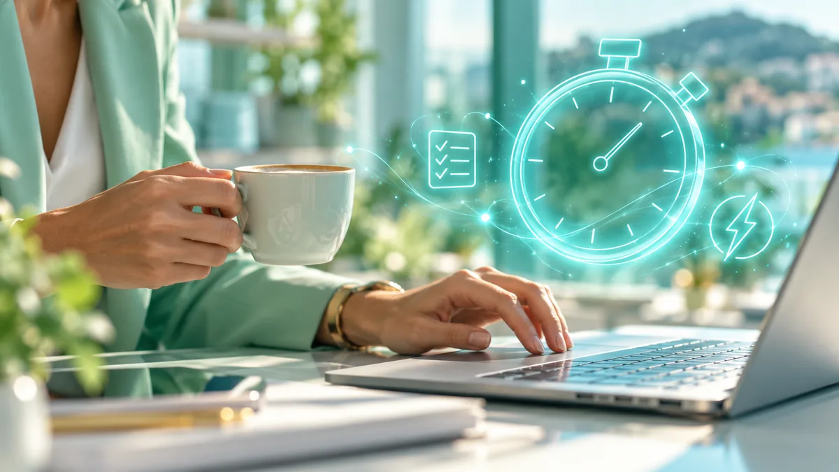 Professionnelle de l'immobilier suivant une formation en ligne sur son ordinateur, une tasse de café à la main