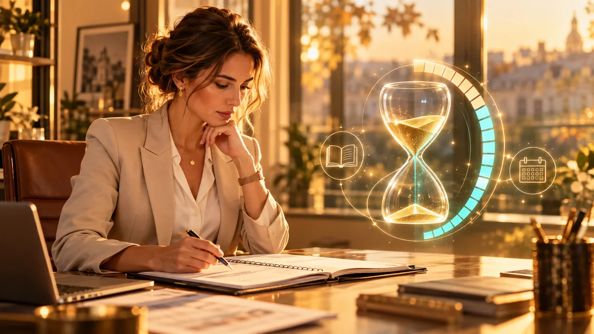 Professionnelle de l'immobilier prenant des notes à son bureau, avec un sablier symbolisant le temps de formation