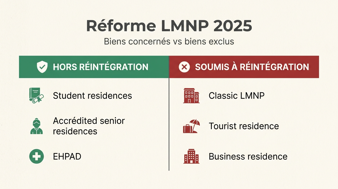 umis à réintégration » (LMNP classique, résidence de tourisme, résidence d'affaires). Très efficace en SEO image et en partage social. Alt à renseigner : Biens LMNP exclus ou soumis à la réintégration des amortissements 2025